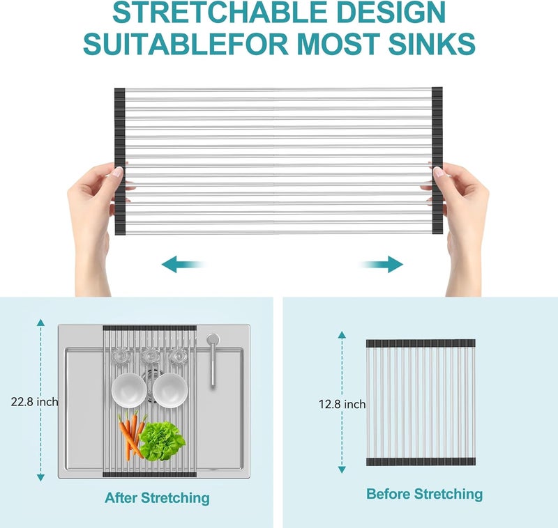 BBXTYLY Extra Expandable Roll Up Dish Drying Rack,Over The Sink Drying Rack Sink Cover Kitchen Sink Accessories Kitchen Rolling up Stainless Steel Drainer, Foldable,Rollable（Black，22.8''-12.4''） - Image 3